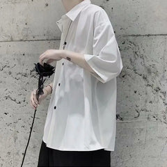 Hehope Solid Short Sleeve Turn-down Collar Capable Shirts Simplicity Handsome Loose Formal Office Lady Casual Summer Men's Clothing