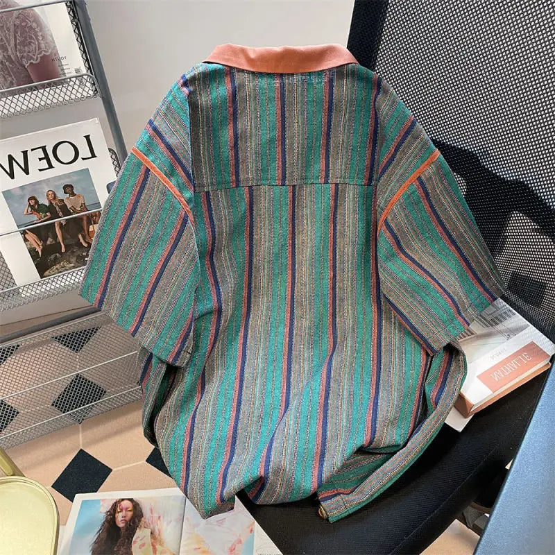 Hehope 2024 New Summer Hong Kong Style Niche Trendy Brand Casual Loose Oversized Lapel Contrasting Stripes Short Sleeved Polo Shirt Top