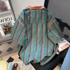 Hehope 2024 New Summer Hong Kong Style Niche Trendy Brand Casual Loose Oversized Lapel Contrasting Stripes Short Sleeved Polo Shirt Top