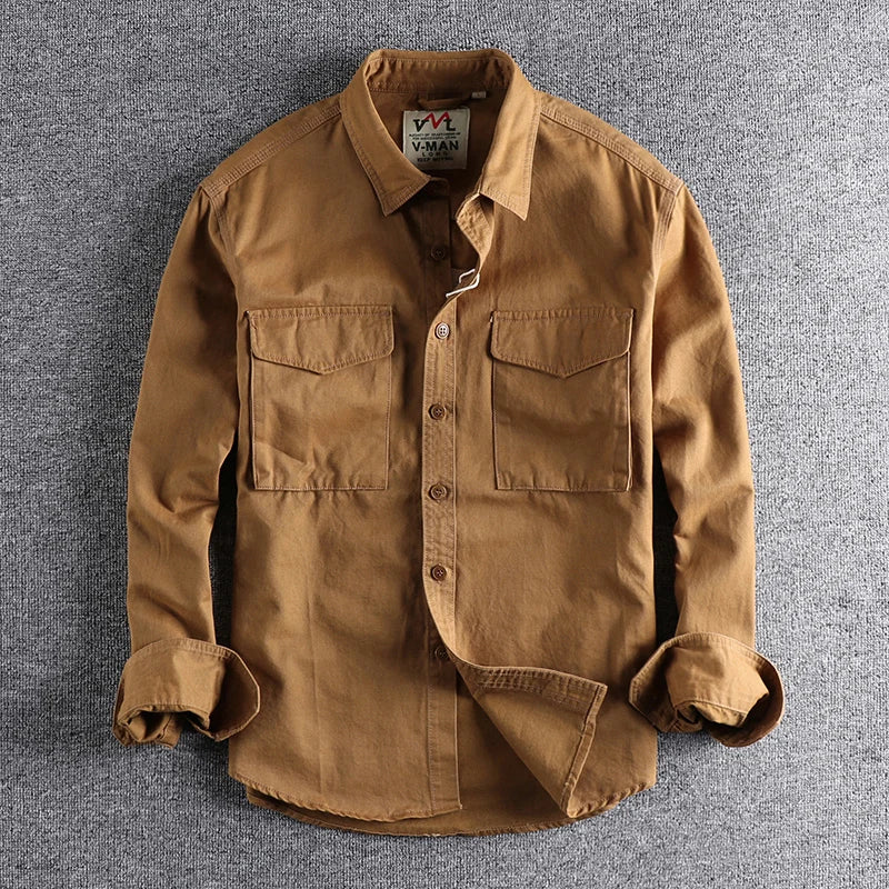 Hehope Spring New Khaki Retro Wash Solid Color Work Shirt Men's Three-dimensional Pocket Trend Loose Jacket