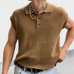 Hehope Leisure Solid Knitting Tops Men Sleeveless Buttoned Turn-down Collar Knit Vest Shirts Spring Summer Men's Clothing Fashion