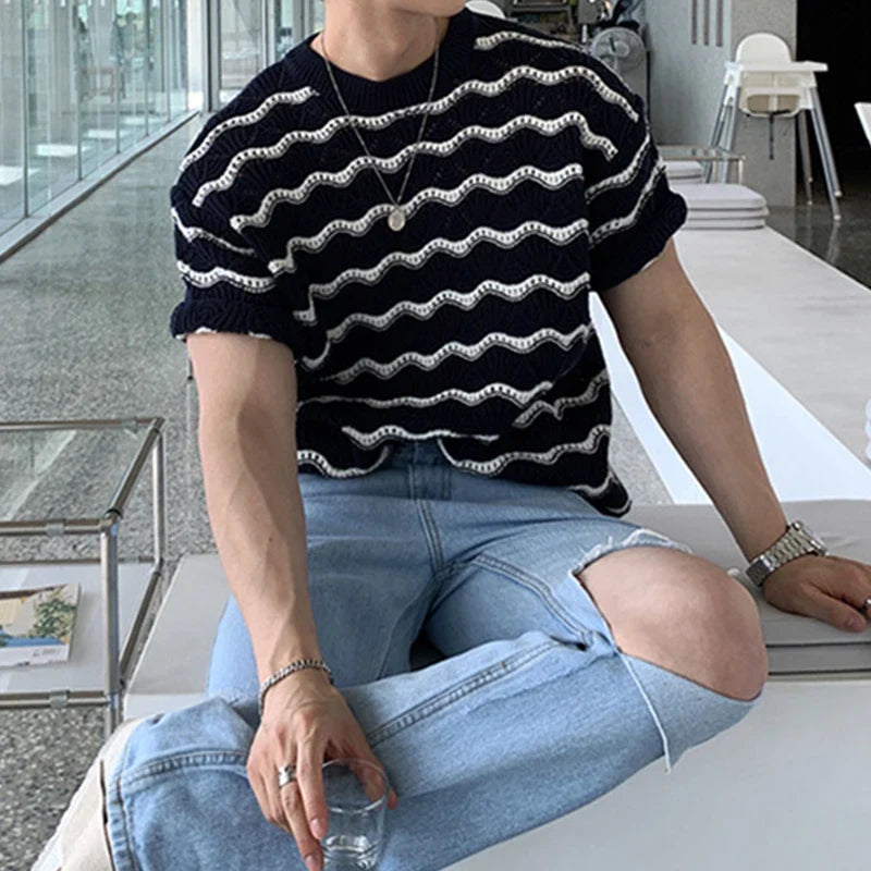 Hehope Trendy Striped Jacquard Mens T Shirts Knitted O Neck Short Sleeve Hollow Out Knit T-shirts Summer Fashion Slim Men Knitted Tees