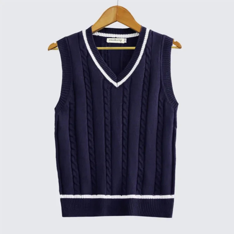 Hehope Knitted Sweaters for Men Striped V Neck White Vest Man Clothes Sleeveless Waistcoat A Sweatshirts Street Y2k Streetwear Cotton S