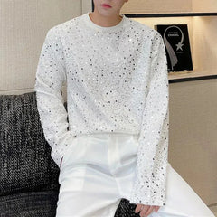 Hehope Mens Autumn Y2k Sequined Korean Style Loose Long-Sleeved T-Shirt Autumn Genderless Nightclub Personalized Fashion Tops Unisex