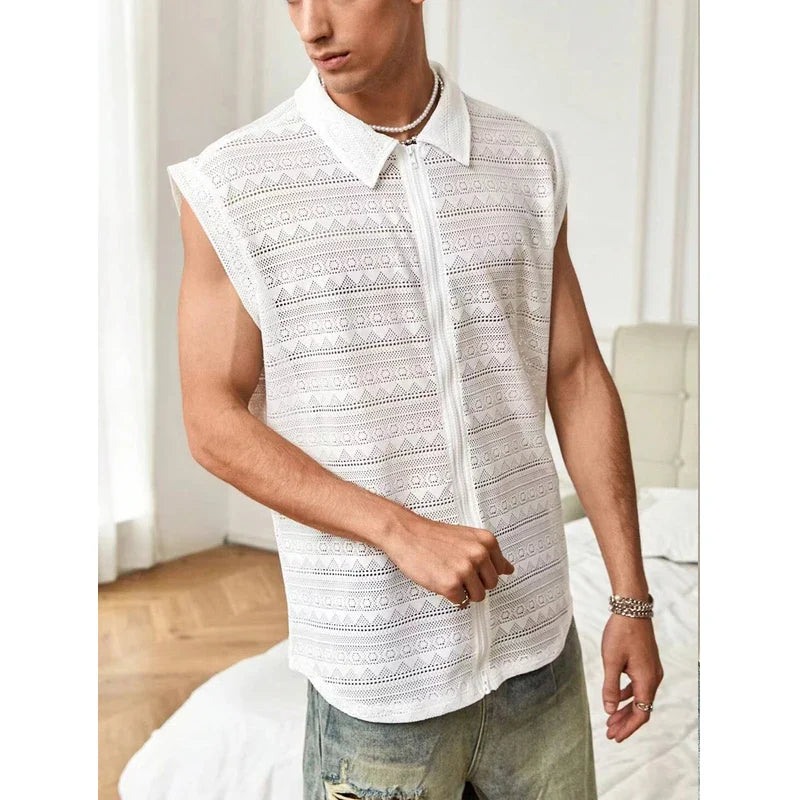 Hehope Men's Mesh Sleeveless Lace Shirt Summer New Fashion Loose Perspective Casual Sexy Zipper Tank Top Men Nightclub Tees Shirt