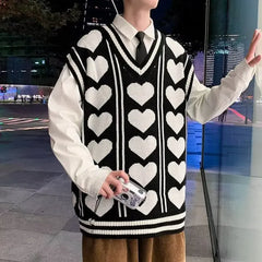 Hehope Man Clothes Waistcoat Vest Heart Knitted Sweaters for Men Print Sleeveless Cute Graphic New in 90s Vintage Street S Neck Cotton