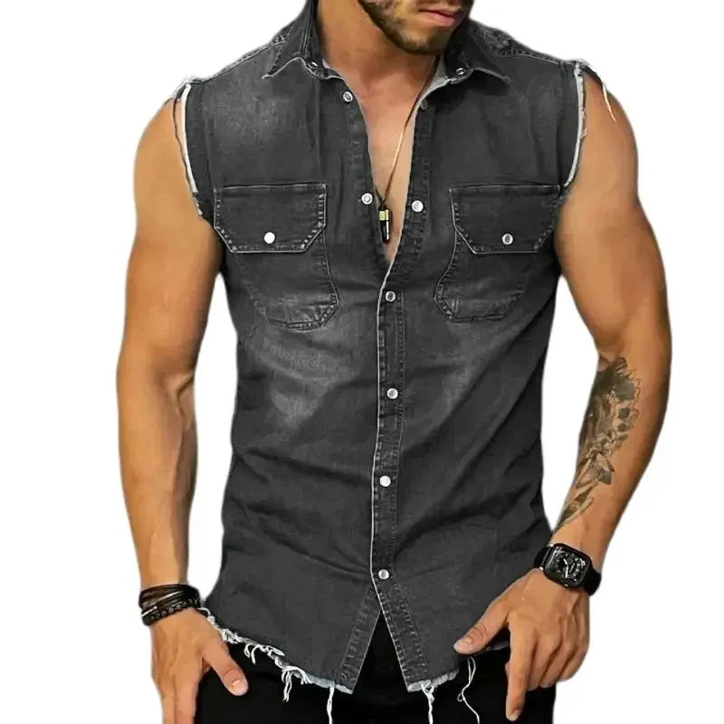 Hehope Streetwear Mens Fashion Denim Vest Shirts Turn-down Collar Button-up Sleeveless Denim Tank Tops For Men Spring Summer Jean Vest