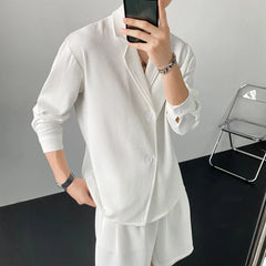 Hehope Summer Black/White Sets Men Fashion Long-sleeved Shirt Shorts Two-piece Men Korean Casual Loose Plaid Sets Mens Suit M-2XL