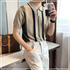 Hehope 2024 Summer Fashion Trend British Style Casual Business Polo Collar Stripe Contrasting Ice Silk Short Sleeved T-shirt for Men