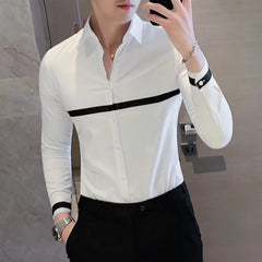 Hehope Autumn Long Sleeve Shirts Slim Fit Casual Business Formal Dress Shirts Ribbon Decoration Social Party Office Shirts Men Clothing