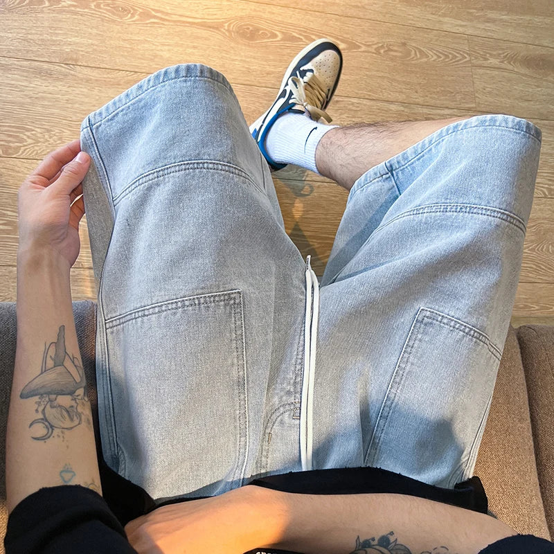 Hehope Summer New High Street Casual Versatile Denim Capris Elastic Waist Men's Korean Style Loose Wide Leg Large Pocket Shorts