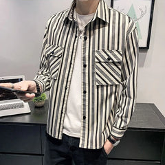 Hehope Spring Autumn Vintage Striped Printed Casual Blouse Homme Loose All-match Buttons Cardigans Male Pocket Shirt Top Men's Clothing