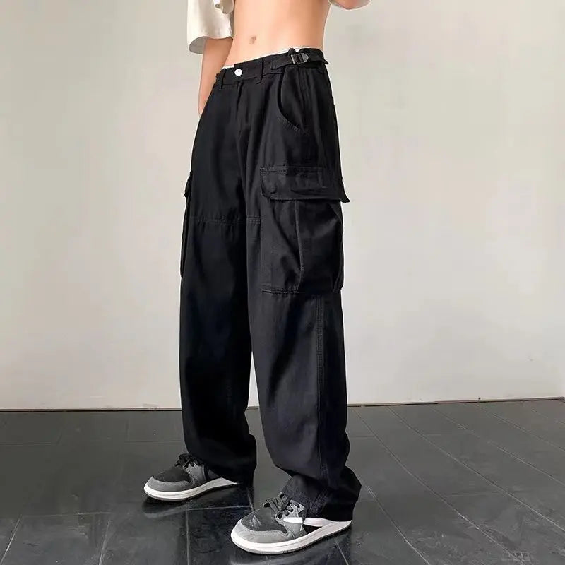 Hehope Summer Men's Clothing Loose Fashion Thin Trend Solid Color Wide Leg Straight Japanese Spliced Pocket Casual Korean Version Pants