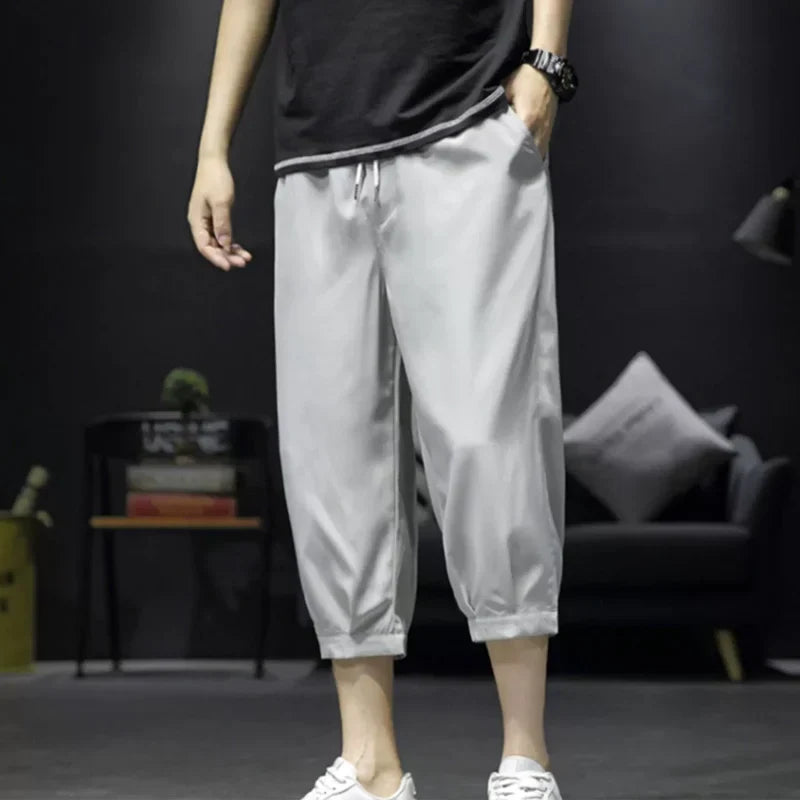 Hehope Cropped Pants Men's Shorts Summer Ice Silk Fashionable Straight Large Size Sports Casual Pants