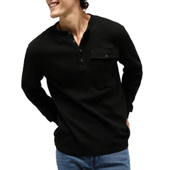 Hehope 2024 Spring Men's Casual T Shirts Long Sleeve Buttoned Crew Neck Tops Fashion Solid Color Waffle T-shirt For Men Bottom Pullover