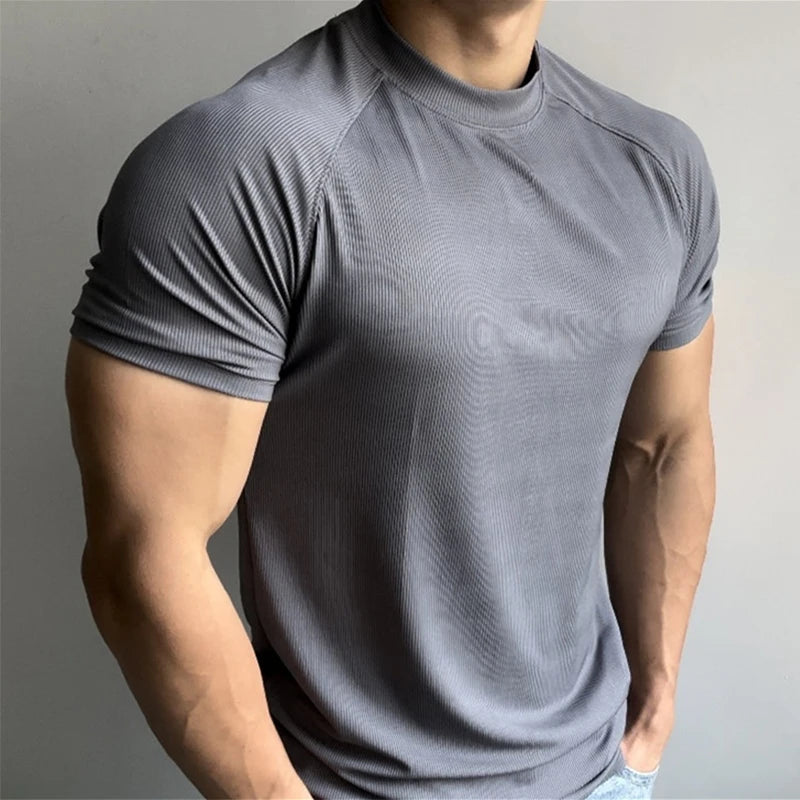 Hehope 2024 Summer New Casual Ribbed T Shirt Men Sports Fitness Breathable Stretch Slim Mens T-shirts Fashion O Neck Short Sleeve Tees