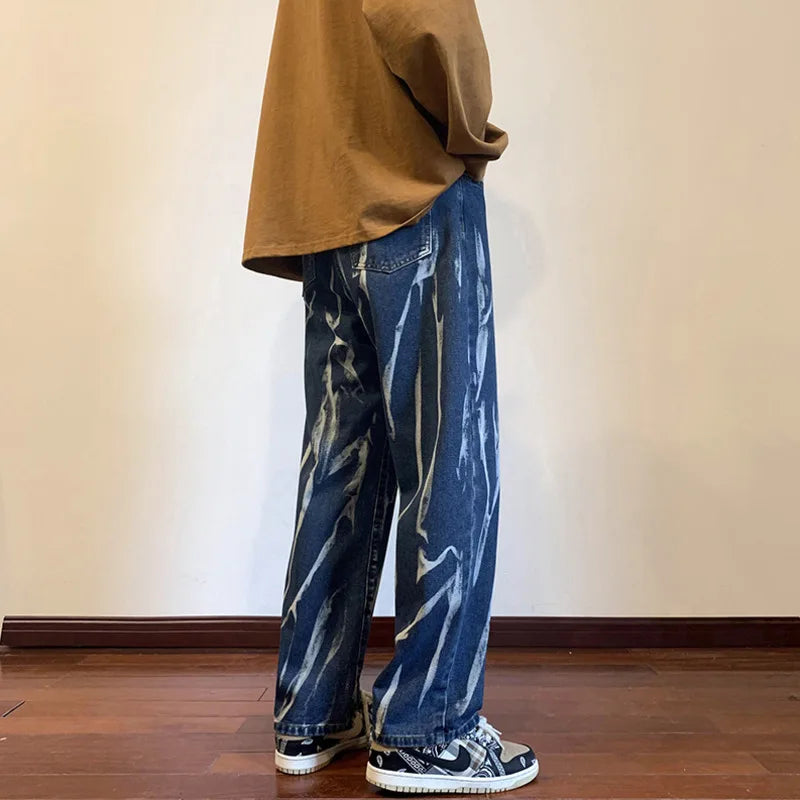 Hehope Hip-hop Tie-dye Jeans Men Fashion Retro Baggy Wide-leg Jeans Mens Streetwear Loose Straight Vintage jeans Men Denim Trousers