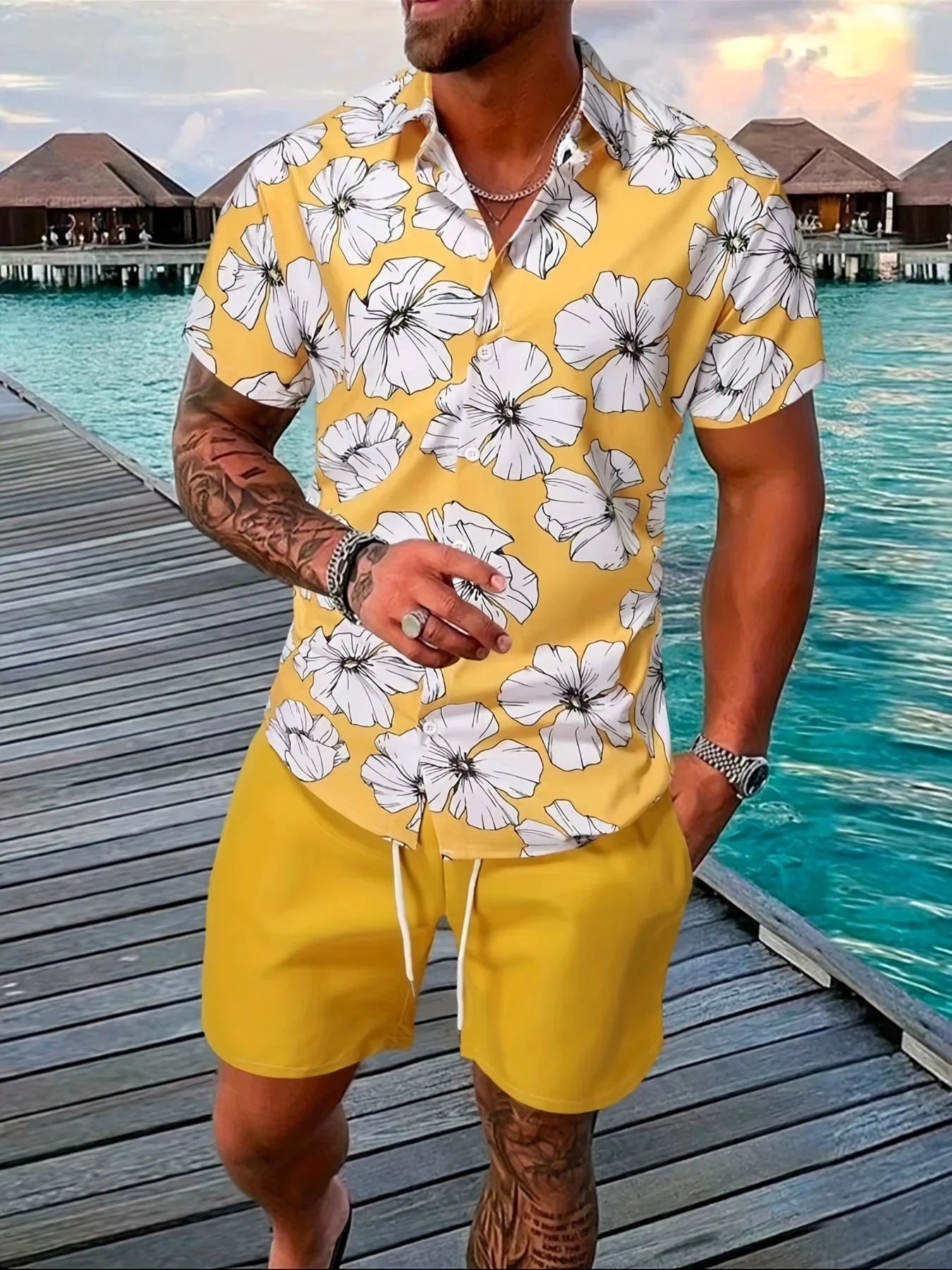 Hehope Men'A Spring And Fall 2-Piece Beach-Style Short-Sleeved Button-Down Lapel T-Shirt Shorts drawstring Casual Business Sports suit