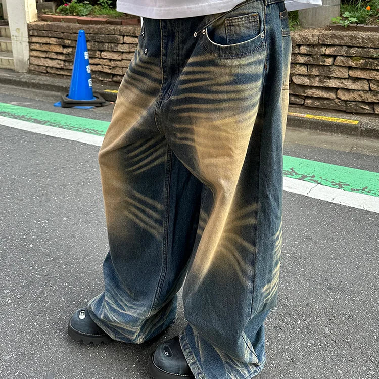 Hehope Retro High Street Large Size Washed Yellow Distressed Men Wide Leg Jeans American Y2k Couple Straight Loose Trousers Mens Jeans