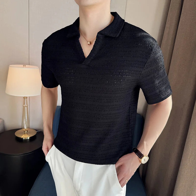 Hehope Men's Knitted V-neck Polo Shirt 2024 Summer New Breathable Hollow Out Solid Color Casual Short Sleeved T-shirt Men's Clothing