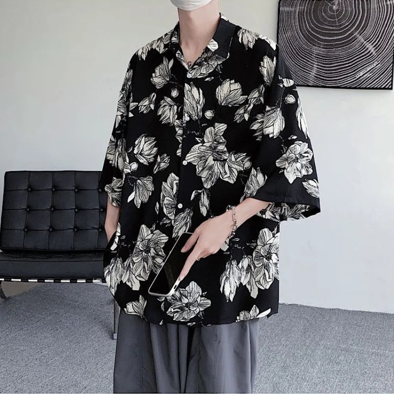 Hehope 2024 New Summer Pi Shuai Trendy High End Lapel Print Versatile Loose Relaxed Short Sleeve Hong Kong Style Shirt for Men