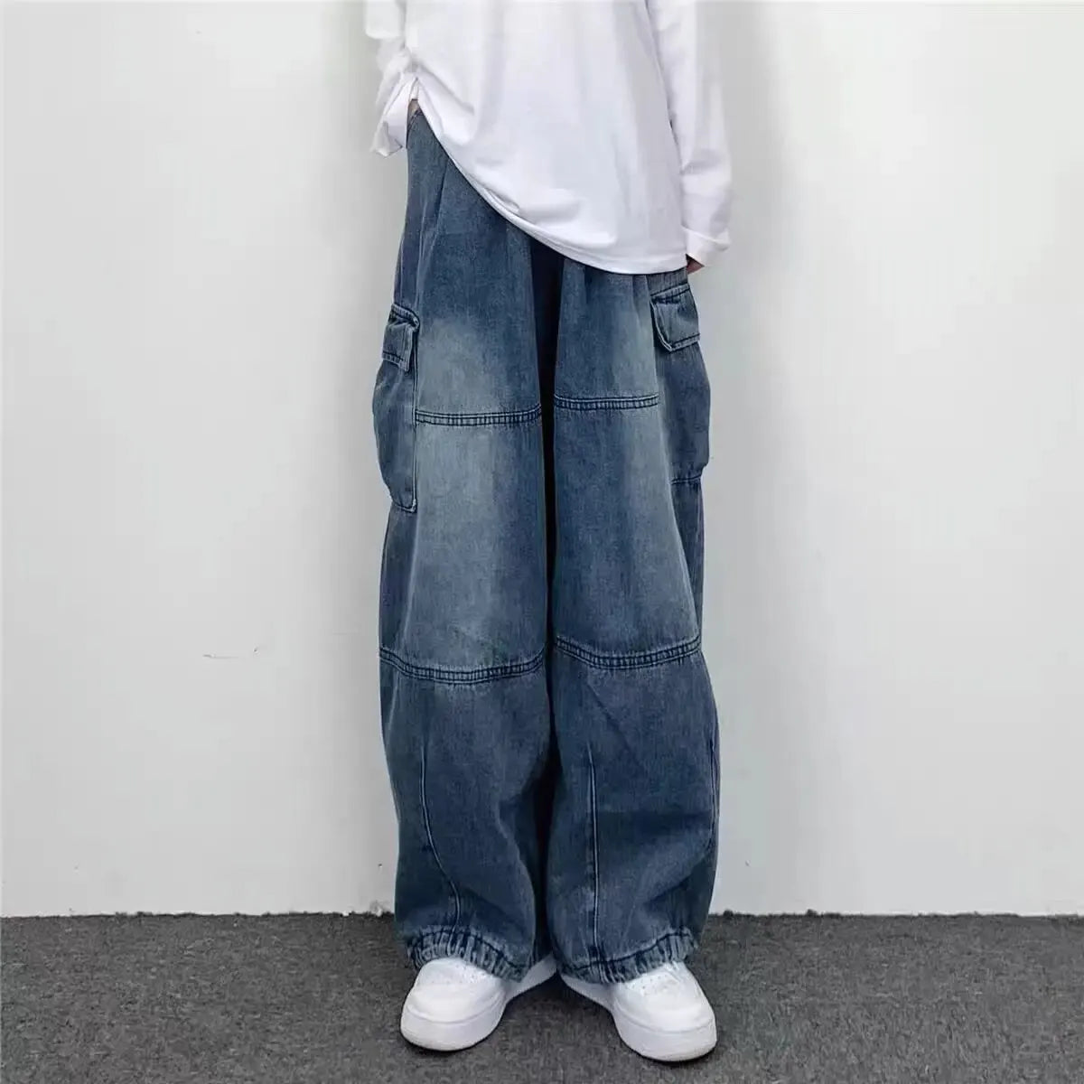 Hehope Spring And Autumn Vintage Wide Leg Big Pocket Overalls Men Y2K Neutral Loose Straight Leg Casual High Street Hip Hop Jeans