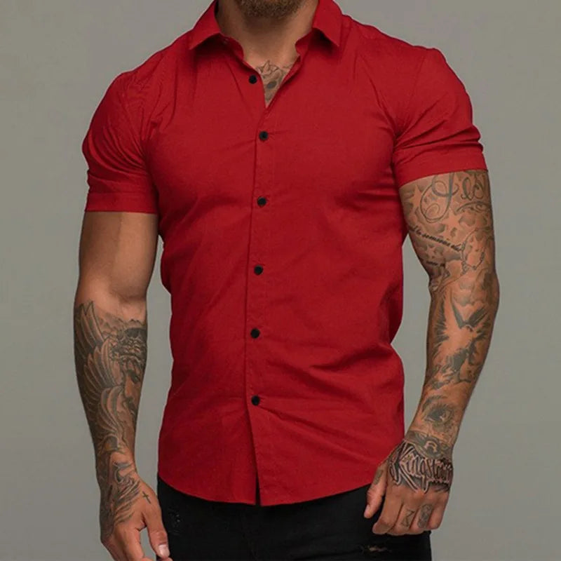 Hehope Muscle Men Fitness Sports Leisure Elastic Shirt Solid Lapel Button Business Streetwear Fashion Trend Summer New Short Sleeve Top