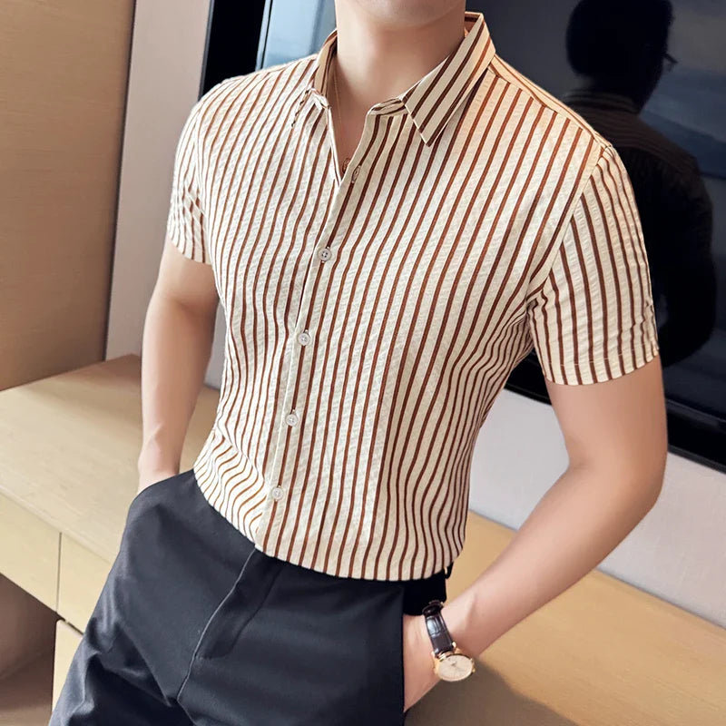 Hehope Men Striped Shirt 2024 Summer Light and Thin Breathable Sweat Absorbing Short Sleeved Slim Fit Casual Pleated Shirt Men clothing