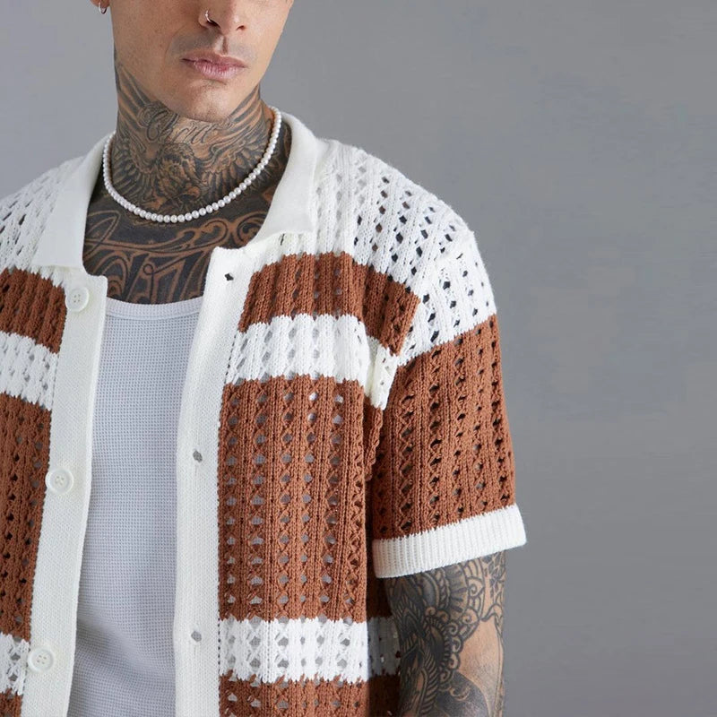 Hehope Fashion Striped Patchwork Men's Knit Shirts Summer Short Sleeve Turndown Collar Button Shirt Men Clothes Casual Knitted Top