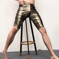 Hehope Gold Silver Snake Pattern Shinny Leather Shorts Men's Costumes Anti-bright PU Shorts Sexy Nightclub Elasticity Motorcycle Shorts