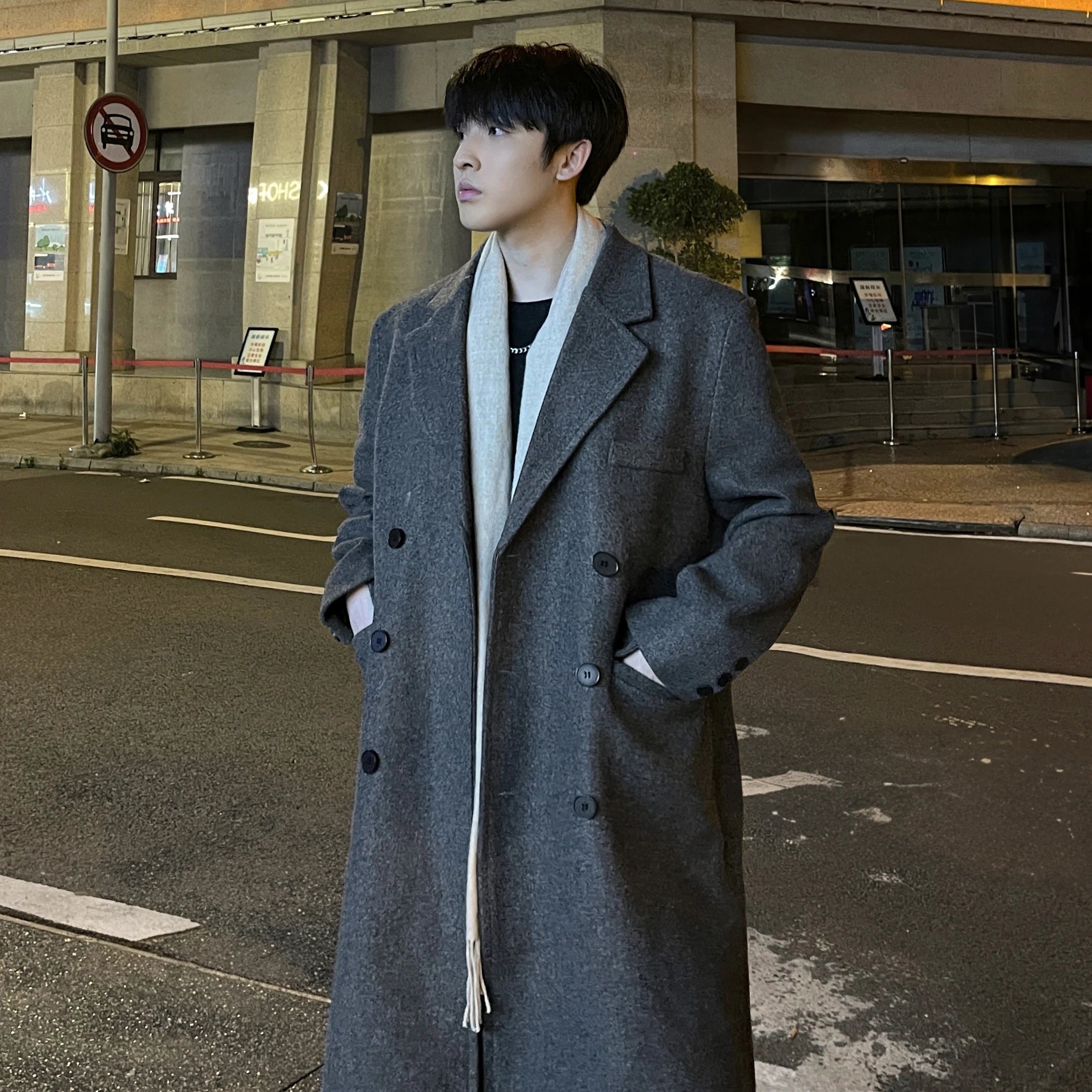 Hehope Winter Long Trenchcoat Men Korean-style Solid Double Breasted Woolen Coat Loose Casual Trench Outwear Solid Color Overcoats