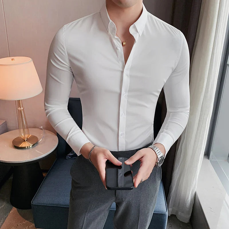 Hehope Longsleeve Shirts for Men Spring New High Quality Business Casual Stretch Slim Fit Solid Color Formal Shirts Mens Clothing