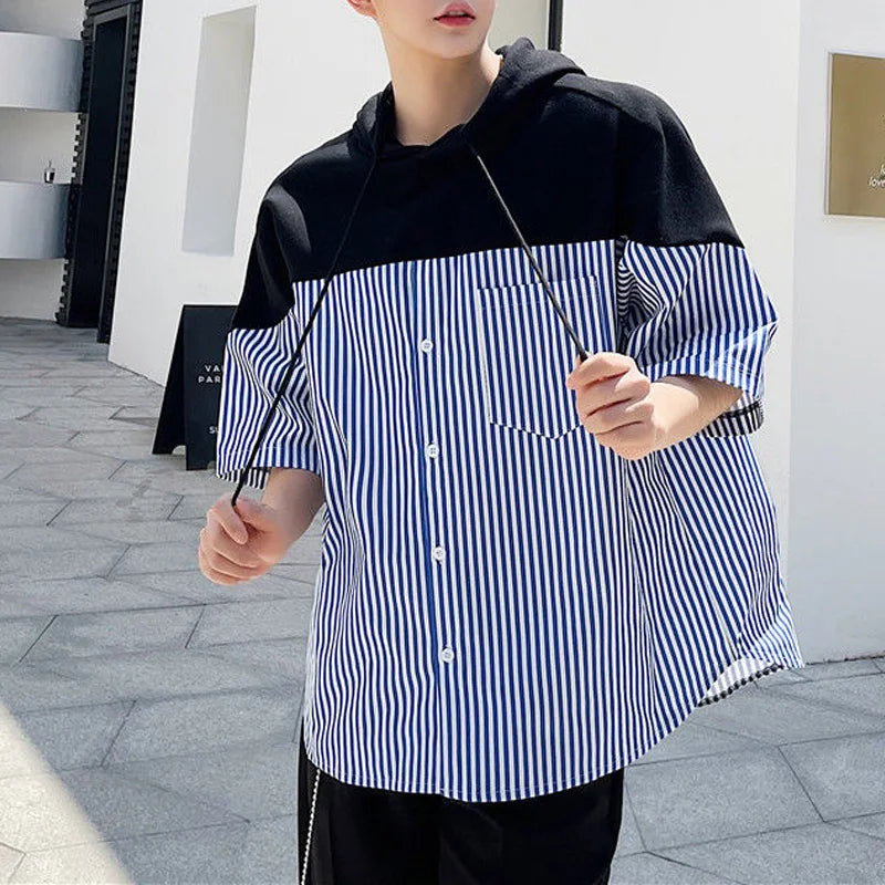 Hehope 2024 New Summer Fashion High-end Personalized Design Feeling Loose Casual Oversized Striped Printed Short Sleeved Hooded Shirt