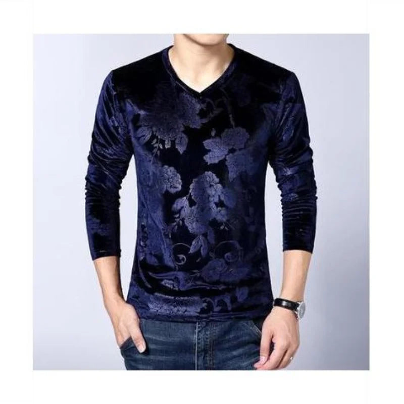 Hehope New Men's Clothing Shirt V-Neck Long Sleeve Spring Autumn Slim Fashion Casual Bold All-match Comfortable Pullovers