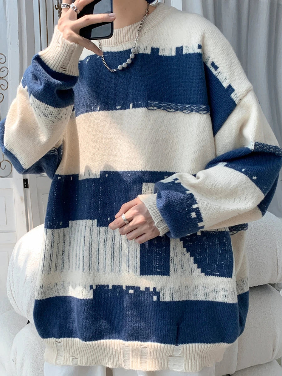 Hehope Korean Fashion Men's Plus Size Sweater Striped Loose Round Neck Knitted Top Autumn New Casual Pullover Sweaters