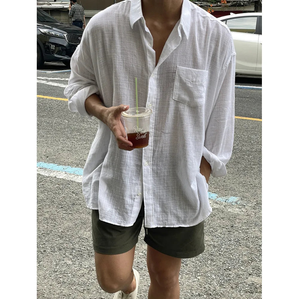 Hehope Summer New Korean Style Breathable Shirt, Casual Loose Cotton Linen Fabric Men's Shirt Thin Coat