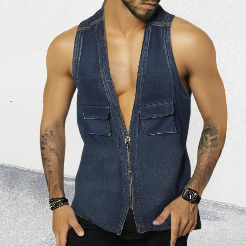 Hehope Sexy V Neck Zip-up Denim Vest Shirts Men Sleeveless Patchwork Pockets Design Jean Tank Tops Mens Summer Vintage Solid Camisoles