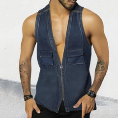 Hehope Sexy V Neck Zip-up Denim Vest Shirts Men Sleeveless Patchwork Pockets Design Jean Tank Tops Mens Summer Vintage Solid Camisoles