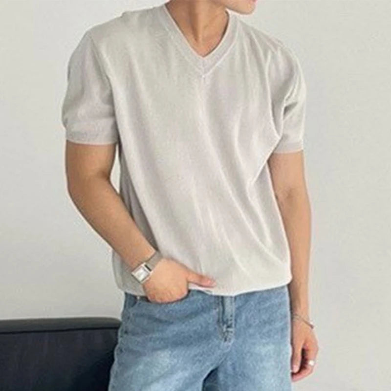 Hehope Streetwear Men Clothing Fashion V Neck T Shirts Knitted Short-sleeved Mens T-shirt Knitwear Summer Casual Solid Color Knit Tops