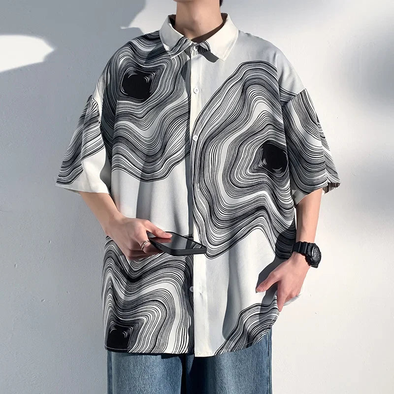 Hehope Summer Short Sleeve Shirt Men Fashion Retro Print Shirt Men Loose Black White Ice Silk Shirts Mens Hawaiian Shirt Large Size