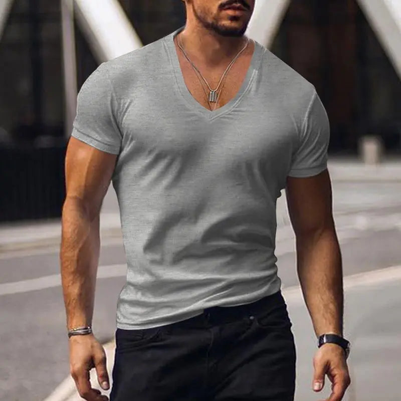 Hehope Summer Men V-neck Basic T-shirt Slim Solid Cotton Breathable Quick Dry Casual Sports Simple Versatile Bottoming Short Sleeve Top