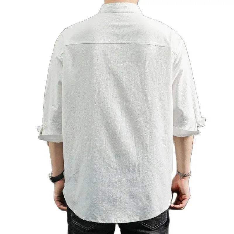 Hehope Solid Colors Long Sleeve Shirts Chinese Style Wear Stand Collar Loose 100% Cotton White Black Shirt Short Sleeve Shirt M-5Xl