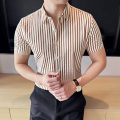 Hehope Men Striped Shirt 2024 Summer Light and Thin Breathable Sweat Absorbing Short Sleeved Slim Fit Casual Pleated Shirt Men clothing