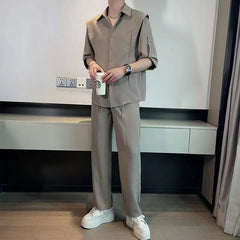 Hehope Summer Ice Silk Men's Suits Casual Short Sleeve Shirt And Pants Two-piece Set Ruffled  Handsome Draped Korean Style Loose Set