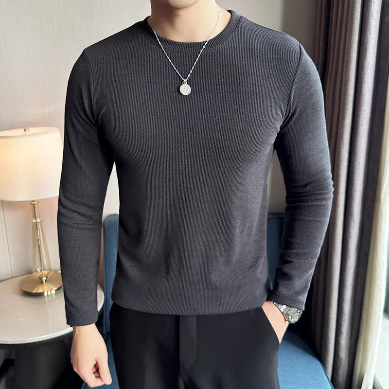 Hehope Winter Warm Thickened High Elastic T-shirt Men Long Sleeve Round Neck T-shirt Solid Casual Slim Fit White Black T-shirt