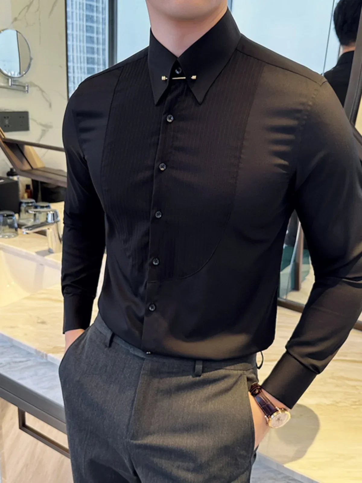 Hehope Autumn Pleated Metal Decorative Shirt Men Long Sleeve Casual Business Dress Shirts Social Party Tuxedo Blouse Men Clothing