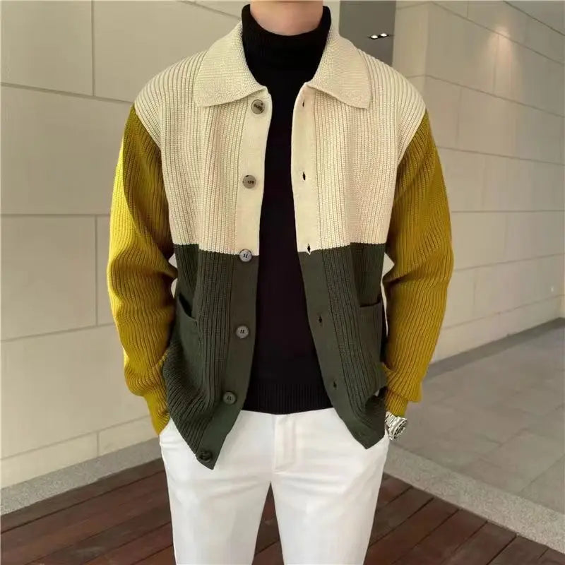 Hehope Men Knitted Polos Shirts Cardigan Vertical Stripe Long Sleeve Button Men's Tops Spring Autumn Brand Slim Lapel Sweater For Male