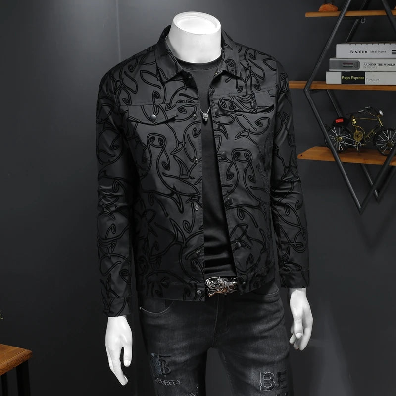 Hehope Luxury Flocking Bomber Jacket Men Autumn Business Casual Slim Jacket Lapel Single Breasted Dress Coat Social Street Wear