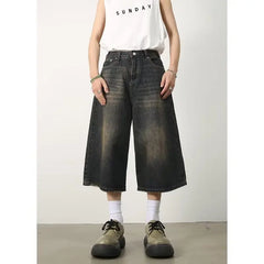 Hehope Summer Niche Versatile American Retro Distressed Blue Denim Shorts Men Loose Straight Wide-leg Cropped Trousers with Drape