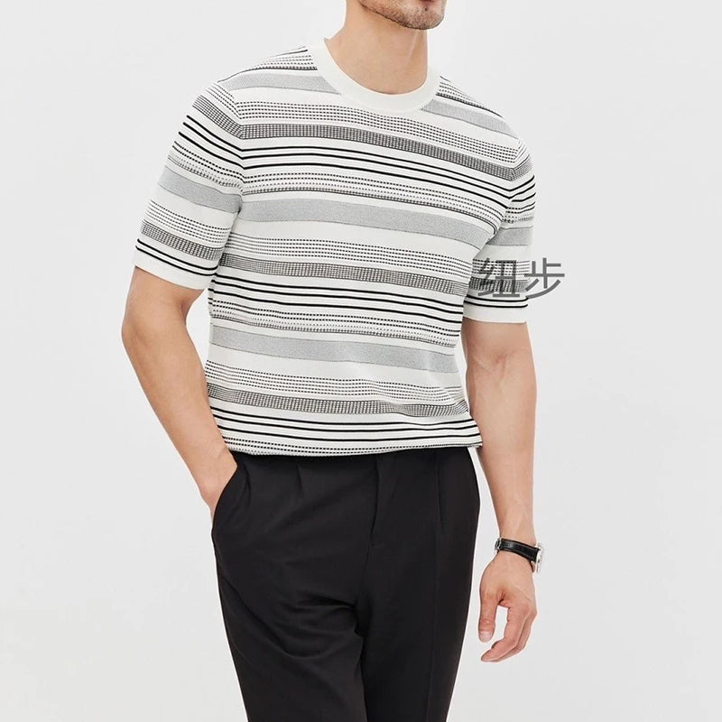 Hehope New Fashion Slim O Neck T Shirt Knit Mens Short Sleeve Knitting Tops 2024 Spring Summer Casual Striped Knitted Tee Men Pullovers